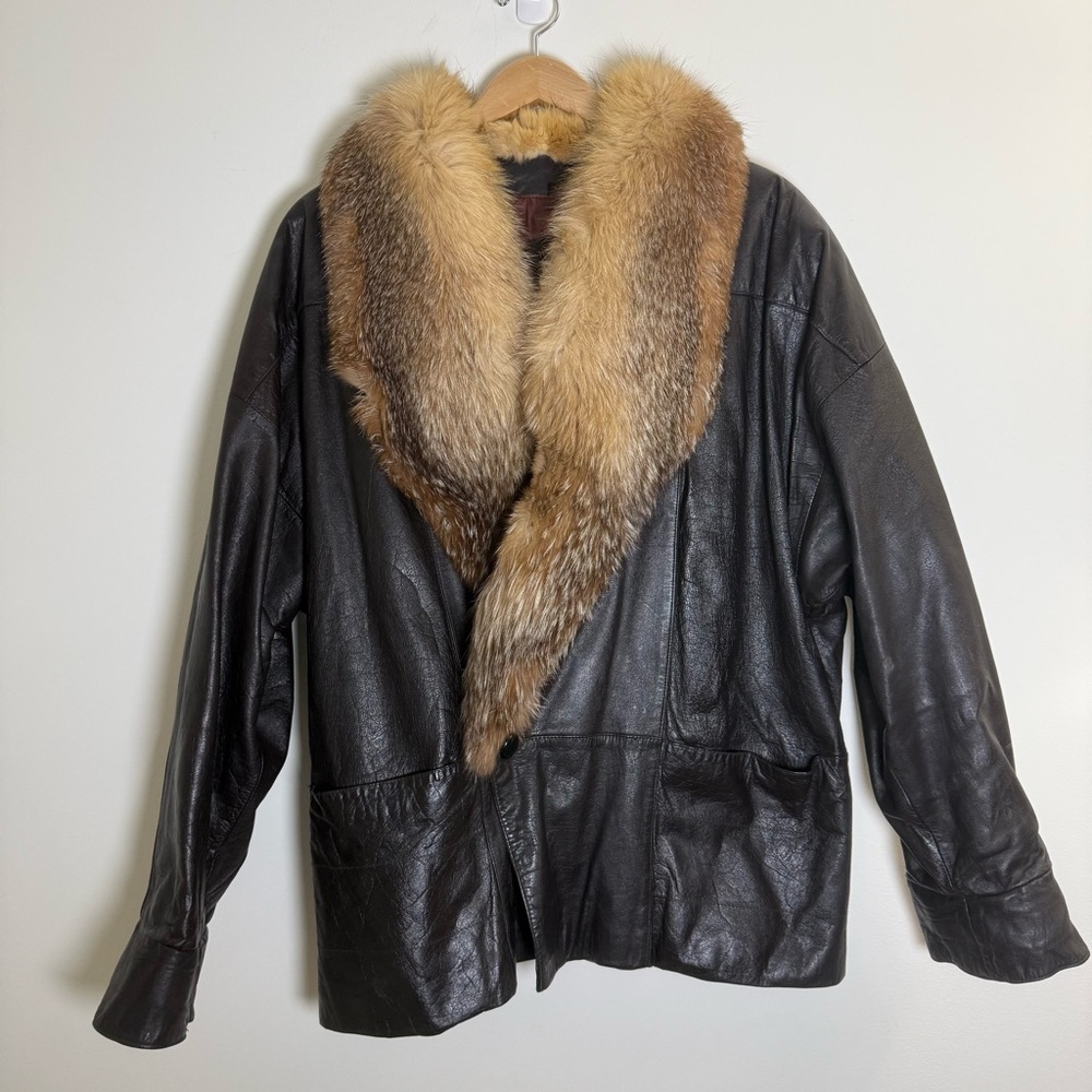 GB New York Vintage Black Leather Jacket with Brown Fox Fur Collar